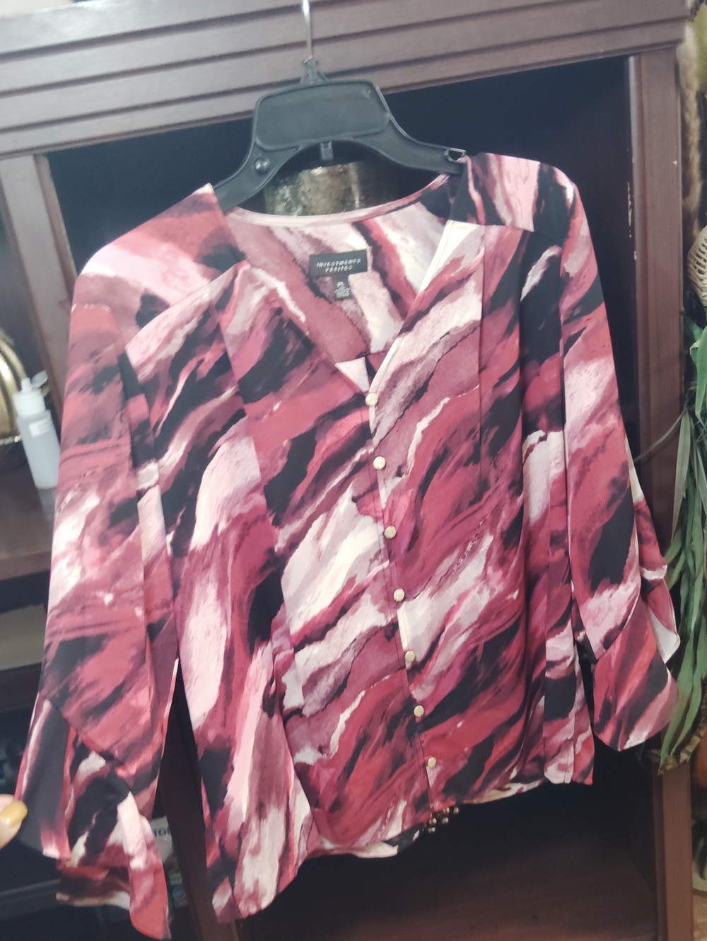Investments Maroon and Black Abstract Button-Front Blouse